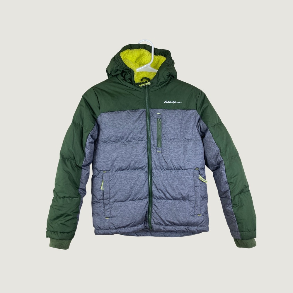 Eddie Bauer Puffer Jacket Boys Sz S 7/8 Green Grey Down Hooded Winter Jacket